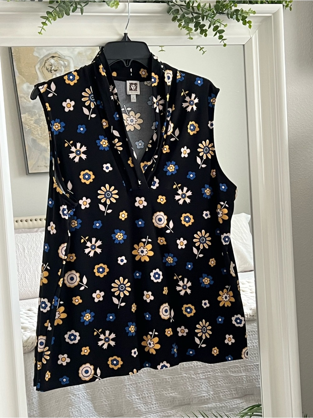 Anne Klein Black Floral Sleeveless V-Neck Camisole with Blue & Mustard Accents